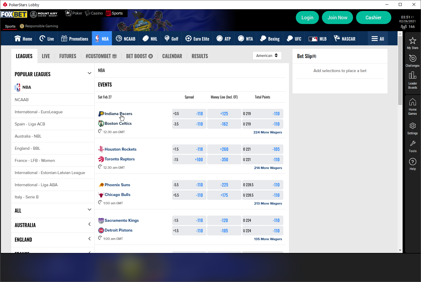The Fox Bet sports book is available from an option in the top